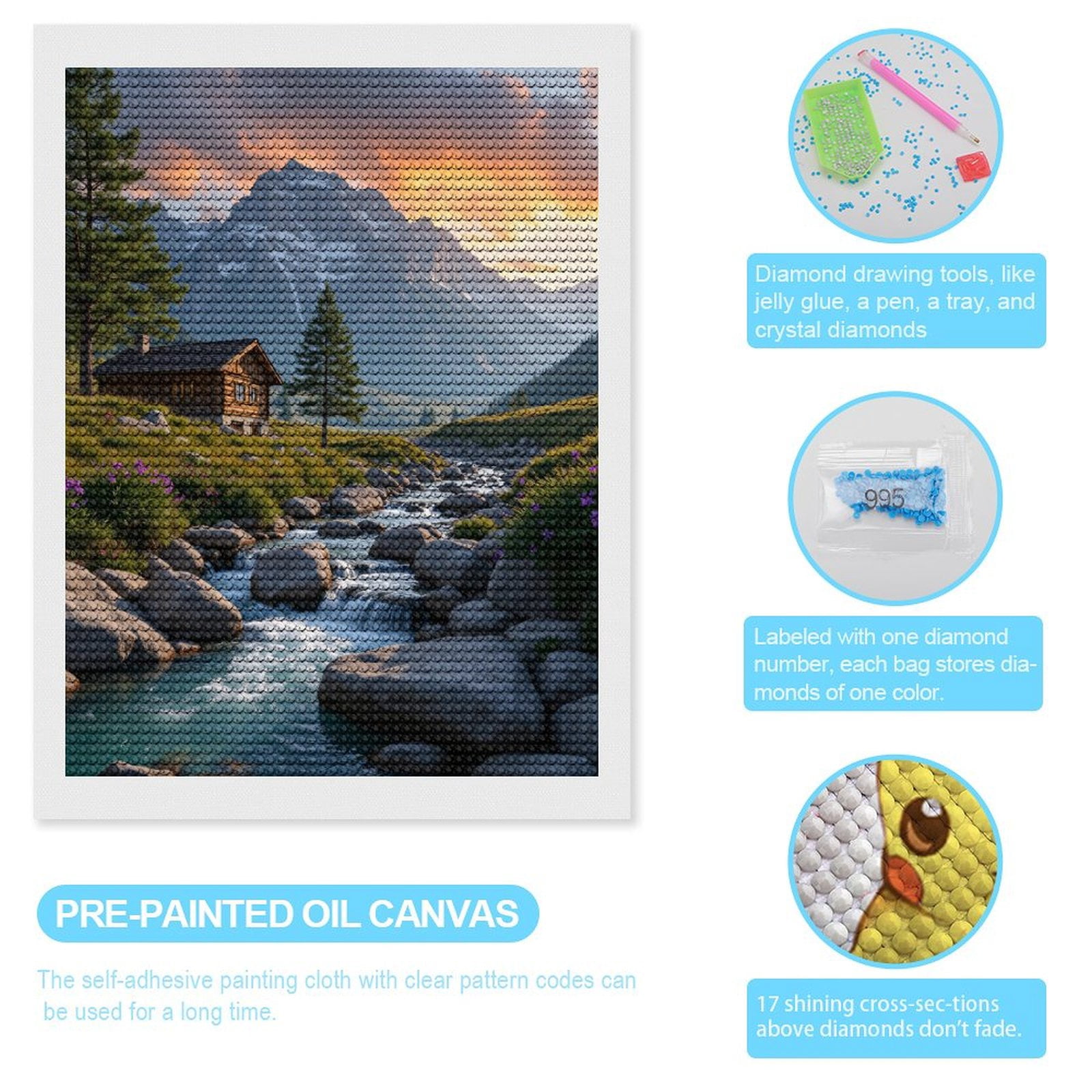Diamond Art Kits for Adults, Mountain Cabin Stream Sunset Scene 5D Diamond Painting Kits for Adults Beginners, DIY Full Drill Diamond Painting, Gem Art and Crafts 12x16