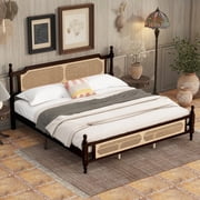 King Pine Bed with Rattan Headboard & Footboard - Espresso