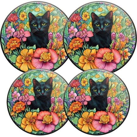 

Electric Stove Burner Covers 4 Pcs Round Gas Burner Cover 8 and 10 Inch flowers with black cat