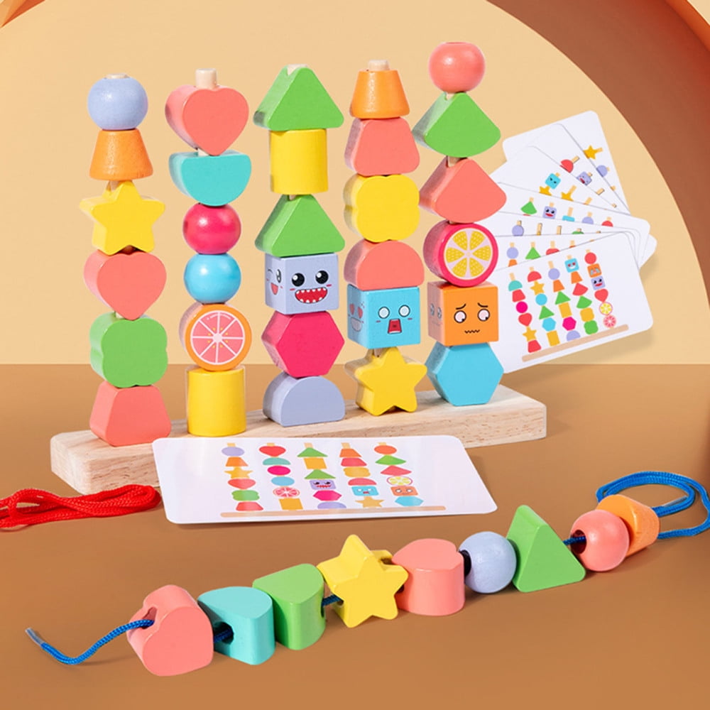 Wooden Beads Sequencing Toy Set Stacking Blocks & Lacing Beads Toy