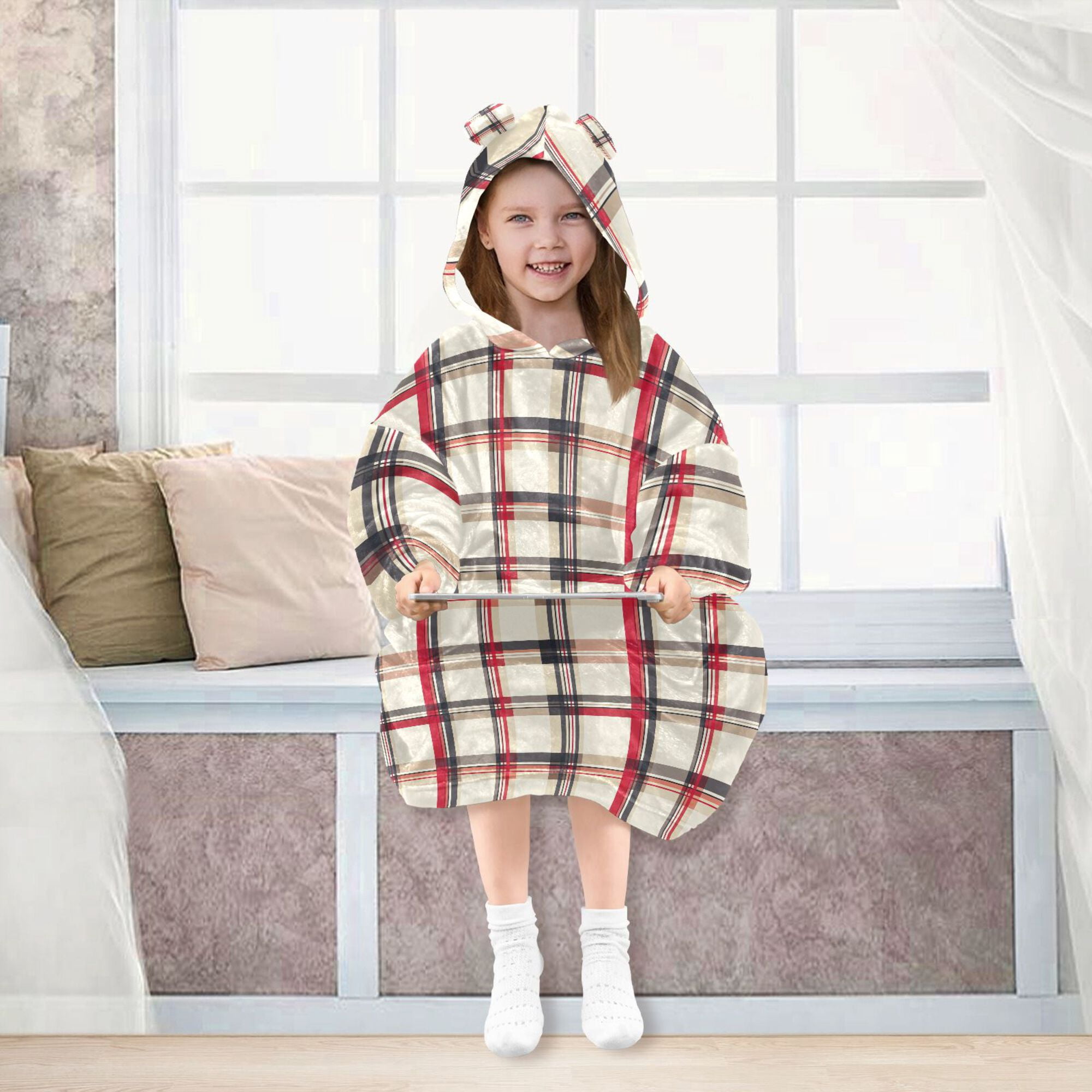 FORMRS Wearable Blanket Hoodie with Sleeves for Kids Cozy Flannel Sweatshirt, Red Tartan