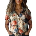 thumbnail image 4 of Summer Tops for Women BWASD Fashion Boho Floral Print Short Sleeve Shirts Vacation Beach Blouse Casual Going Out Travel Outfits Trendy (Beige M), 4 of 4