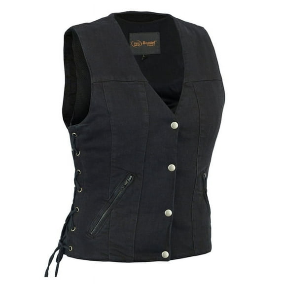 Daniel Smart XS to 5XL Women Denim Vest V-Shaped Neck Design Black Jean Motorcycle Vest with Side Laces
