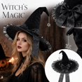 thumbnail image 2 of Womens Witch Hat with Organza Trim and Ribbon Tails, Wide Brim Pointed Cone Costume Hat, Wizard Headwear for Halloween Party Dress Up Cosplay Black, 2 of 5