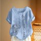 thumbnail image 4 of Xuyuer Women's Casual Linen Round Neck Printed Short Sleeve Button Blouse, Breathable Summer Top for Vacation Wear, Market Days and Relaxed Boho Style, 4 of 5
