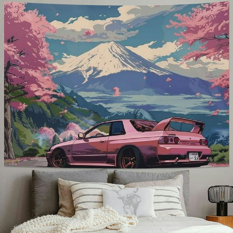 BCIIG Car Tapestry Wall Hanging Decor Wall Art for Bedroom Living Room Dorm Japan Jdm Car R34 Pink Cherry Blossoms Tree Tapestries Mount Fuji