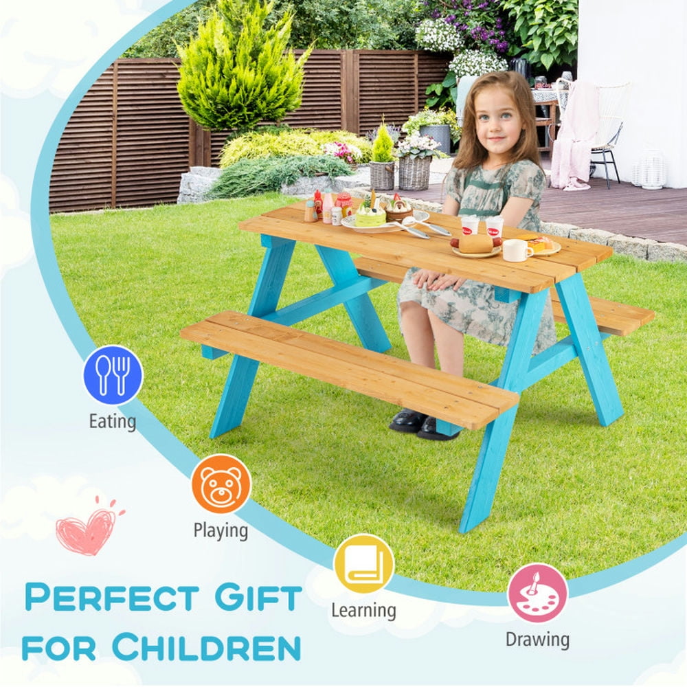 GVN Children Outdoor Wooden Table with Bench Seats for Indoor and Outdoor Use-Natural, Kids Desk and Chair Set for Arts & Crafts, Snack Time, Homeschooling, Homework