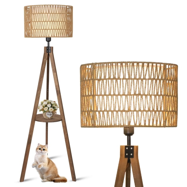 Lámpara de pie boho LAMSU de ratán con trípode y estante, 150 cm