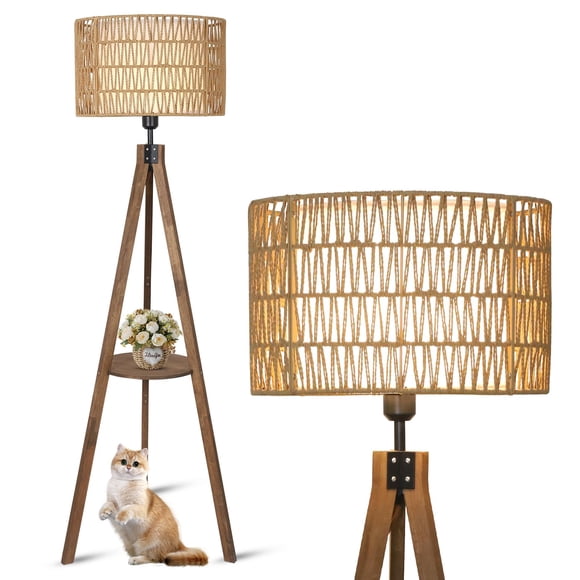 Lámpara de pie boho LAMSU de ratán con trípode y estante, 150 cm