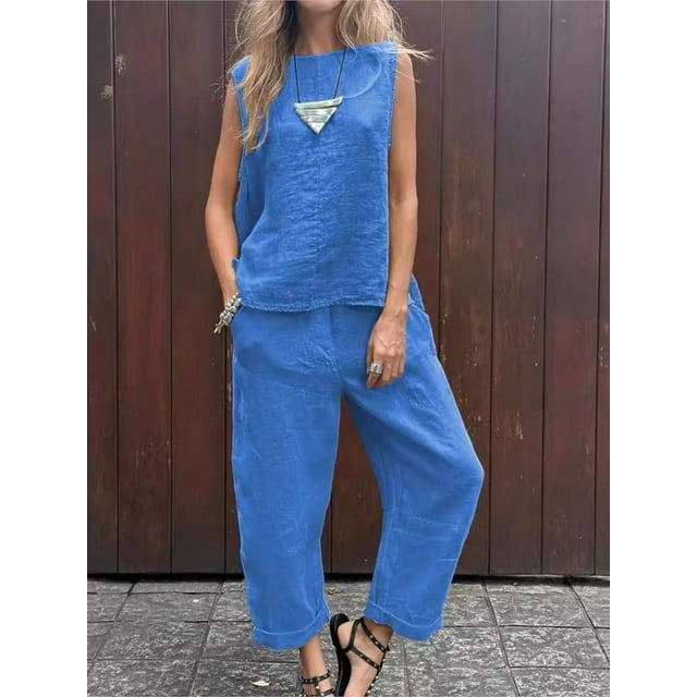 Printemps Été Nouveau Ensemble Sans Manches en Coton et Lin pour Femmes Mode Simple avec Poches Pantalon Long Décontracté 2 Pcs