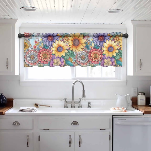 Boho Flowers Valance Curtains for Kitchen/Living Room/Bathroom/Bedroom Window, Bohemia Ethnic Floral Colorful Floral Rod Pocket Small Topper Half Short Window Curtains Voile Sheer Scarf 42"x12"