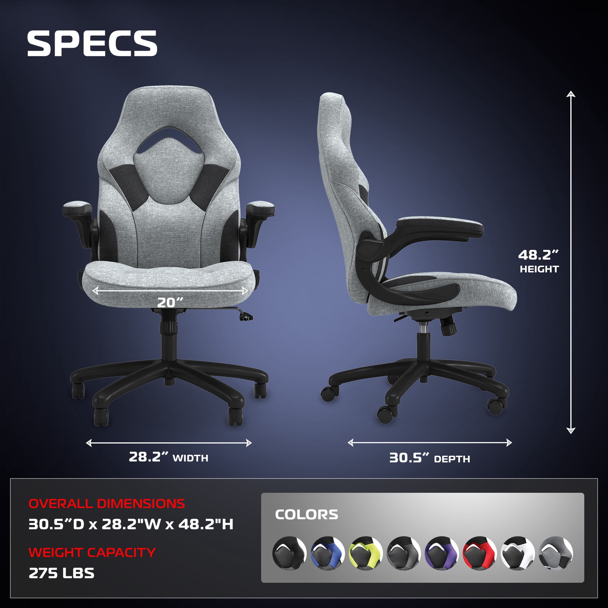 RESPAWN 3085 Ergonomic Gaming Chair for Adults, High Back Office Chair with Headrest and Flip Up Arms, Leather Racing Style Gaming Seat with Lumbar Support, Vdeo Game Computer Desk Seat - Gray Fabric