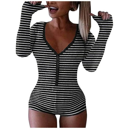 

Frehsky jumpsuits for women Women Print Long Sleeve Nightwear Jumpsuit Bodysuit Playsuit Romper Black