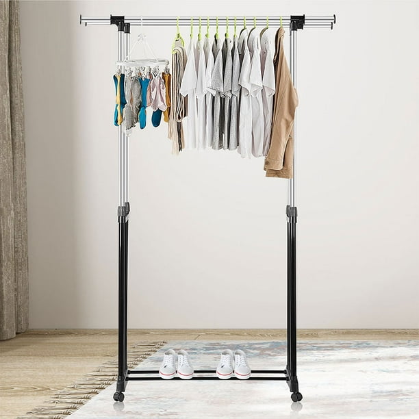 SORTWISE Extendable Double Garment Rack -Adjustable Rolling Clothes Clothing Garment Rack With Wheels