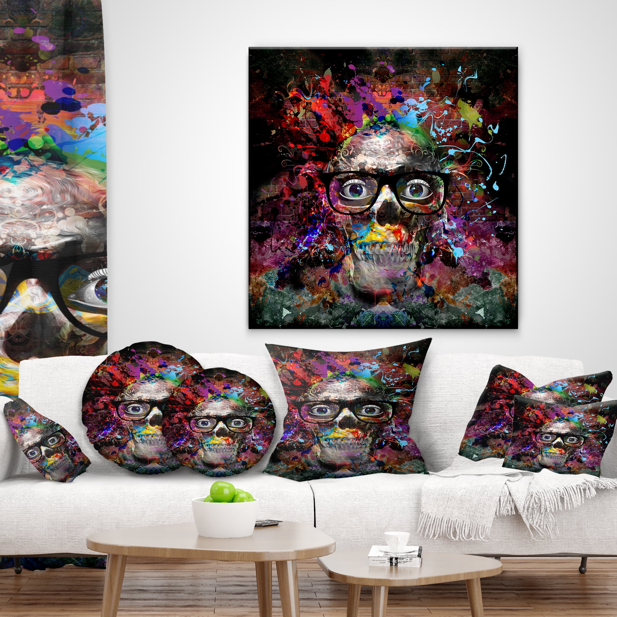 Designart Colorful Human Skull with Glasses - Abstract Throw Pillow - 12x20
