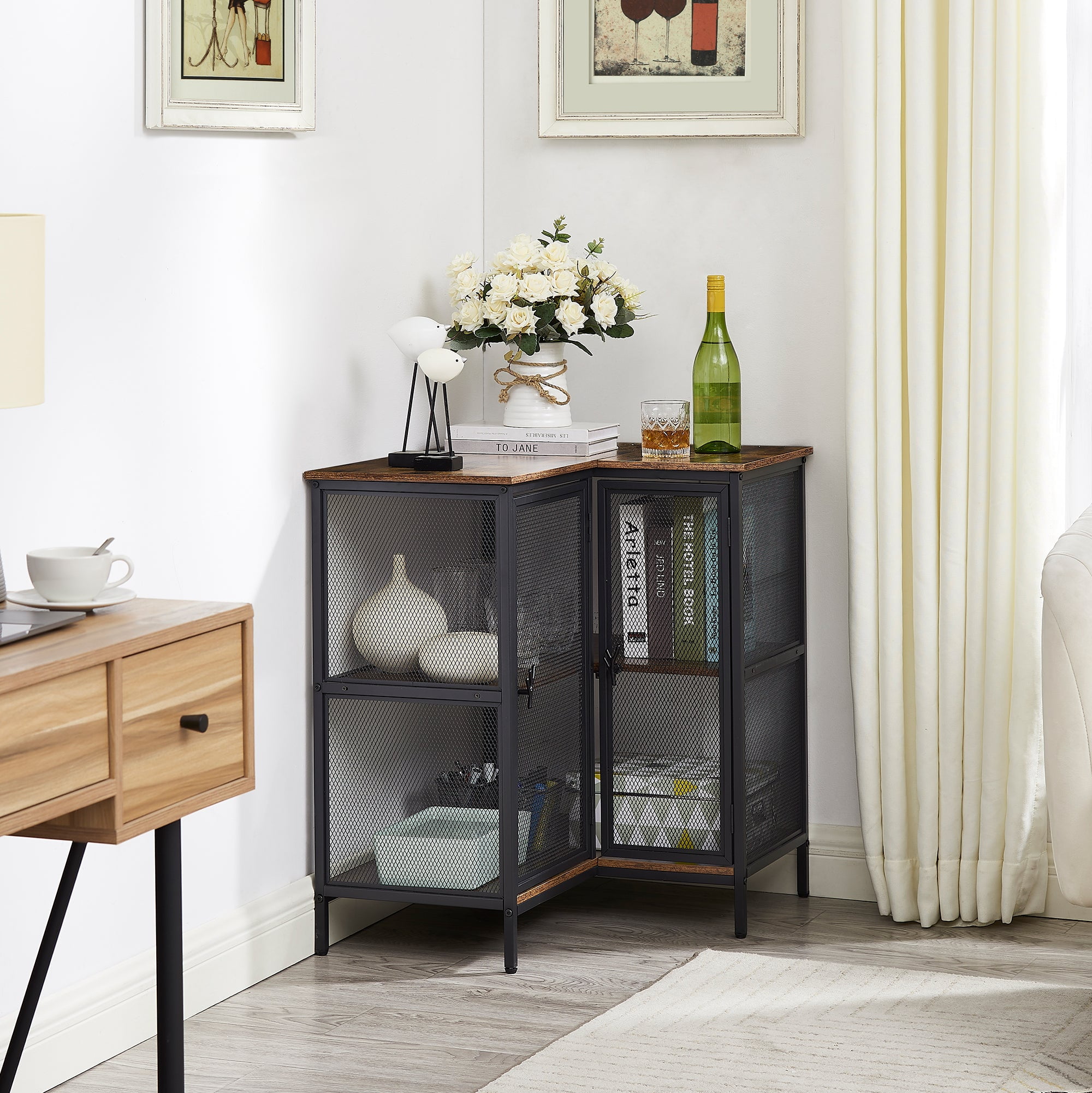 VECELO 3-Tier Corner Cabinet with Doors and Storage Shelves, L-shaped Free-Standing End Table, for Small Space Living Room Home Office Kitchen, Brown