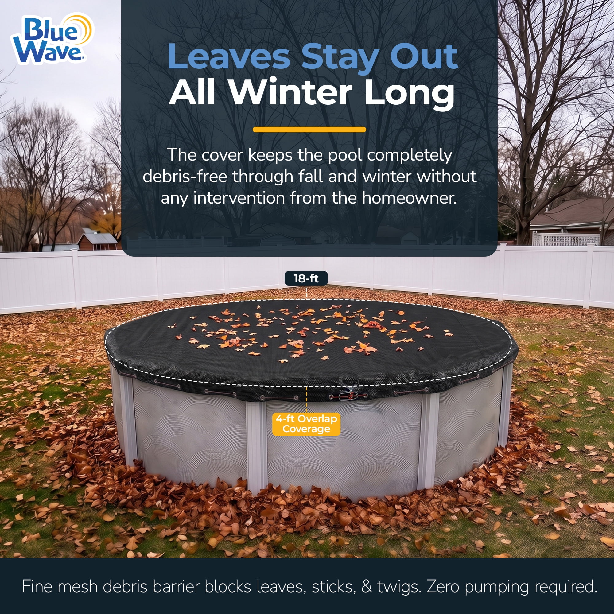 Blue Wave Arctic Armor 18-ft Round Rugged Mesh Pool Cover for Winter, Above Ground, Fine Mesh Debris Barrier, 4-ft Overlap, Metal Grommets, Vinyl-Coated Cable, Metal Winch, Black
