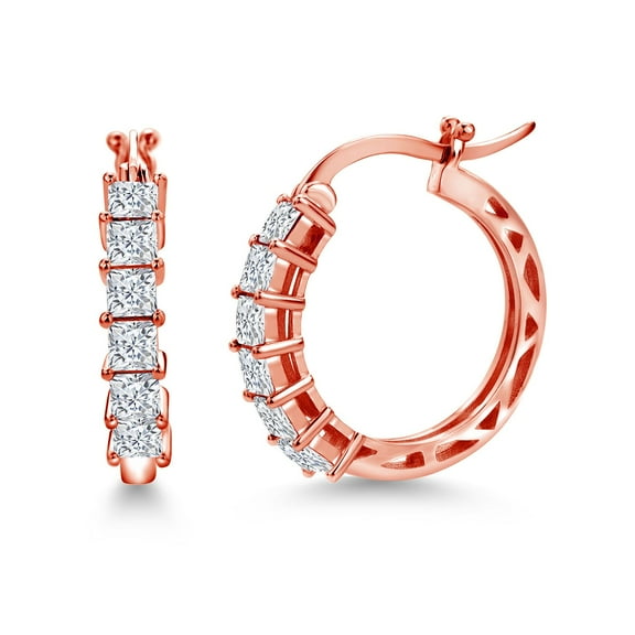 Gem Stone King 18K Rose Gold Plated Silver White Moissanite Hoop Earrings for Women (1.56 Cttw, Princess 3MM, Diameter 20MM)