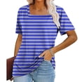 thumbnail image 2 of VERUGU Womens Tops Short Sleeve Square Neck Shirts Summer Trendy Stripe T-shirts Loungewear Casual Loose Comfy Tunic Blouses for Leggings Blue L, 2 of 5