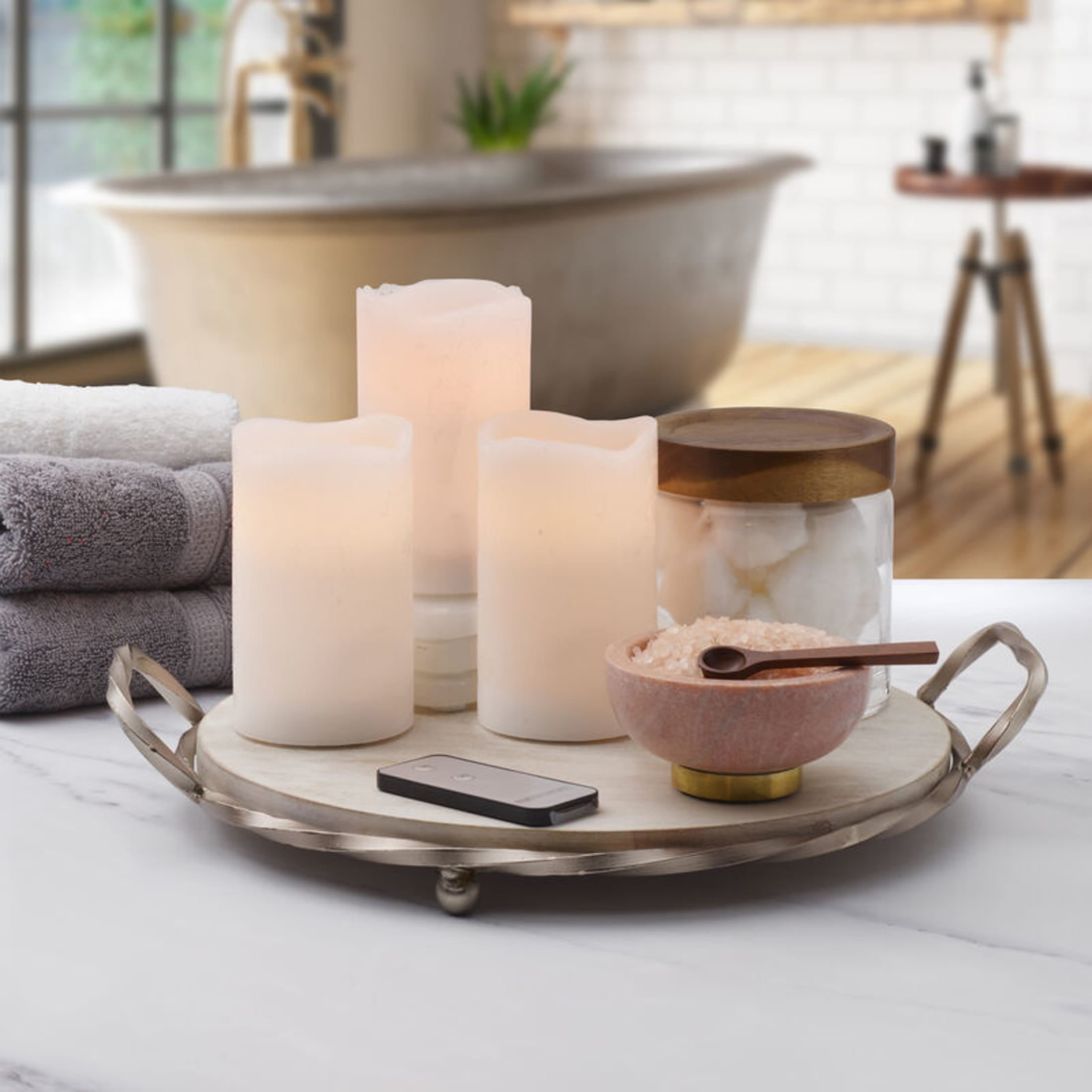 Home Accents 5X5 inch Textured Wavy Top Led Pillar Candles, White, Set of 3