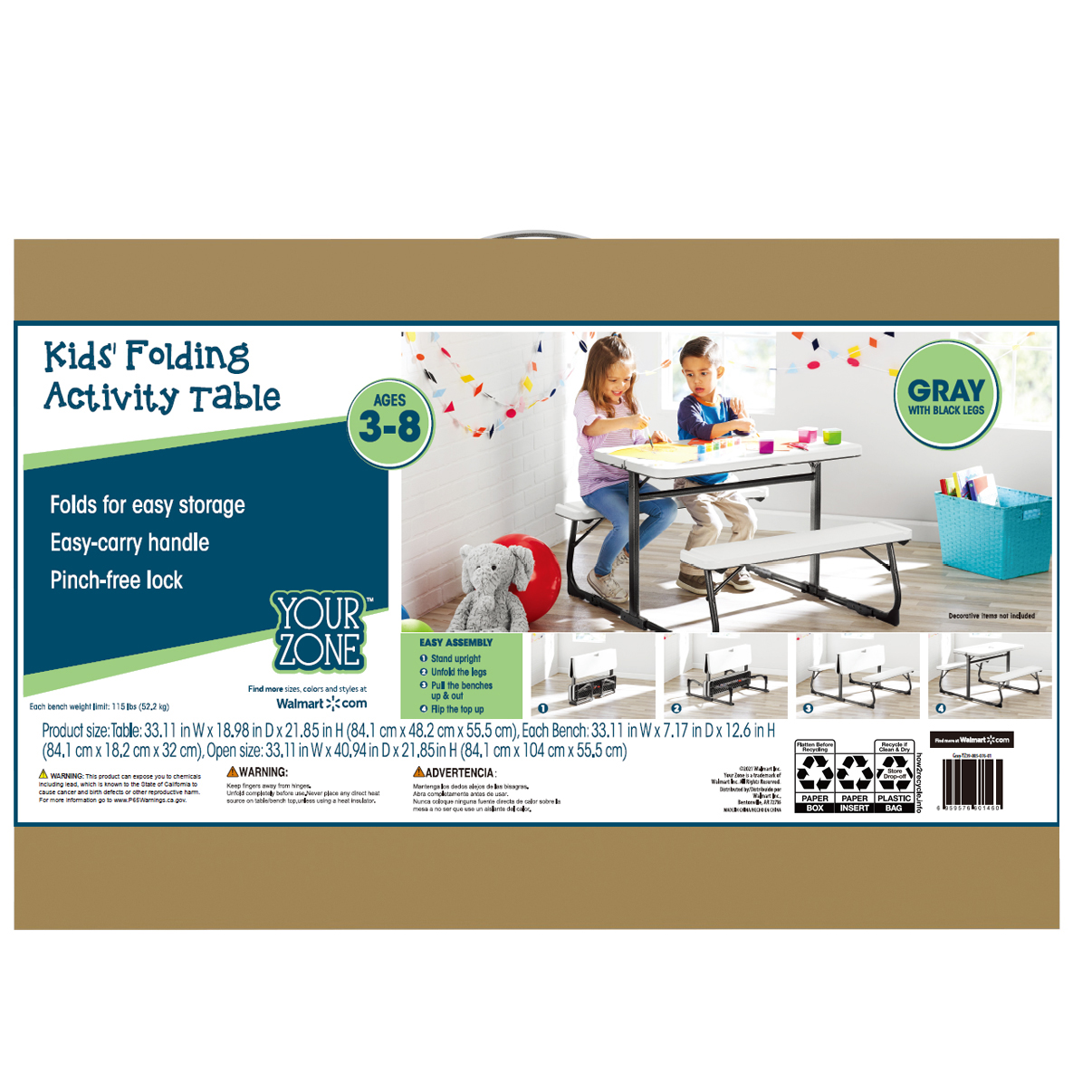 Mainstays Kids Folding Activity Table and Bench Set, Gray photo 4