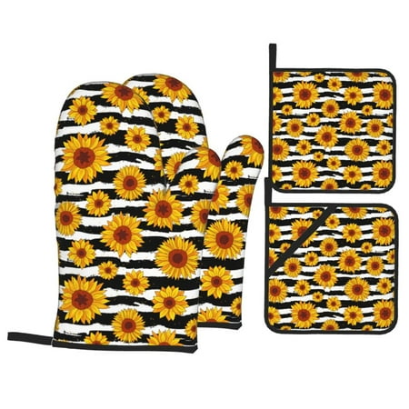 

Oven Mitts and Pot Holders Sets 4 pcs sunflowers striped black white Non-Slip Oven Gloves Potholders Soft Quilted Lining Heat Resistant Gloves Hot Pads for Kitchen Cooking Baking