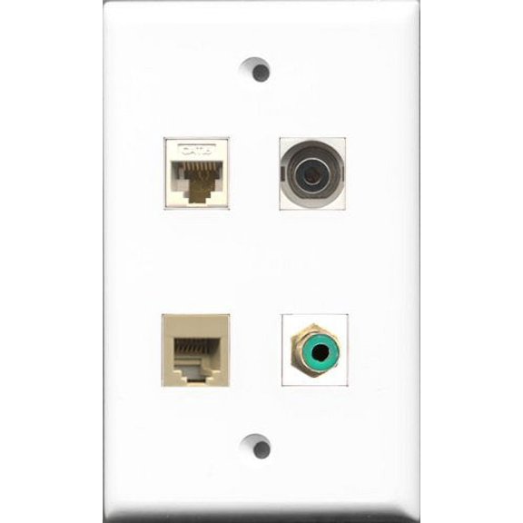 RiteAV 1 Port RCA Green and 1 Port Phone RJ11 RJ12 Beige and 1 Port 3.5mm and 1 Port Cat6 Ethernet White Wall Plate