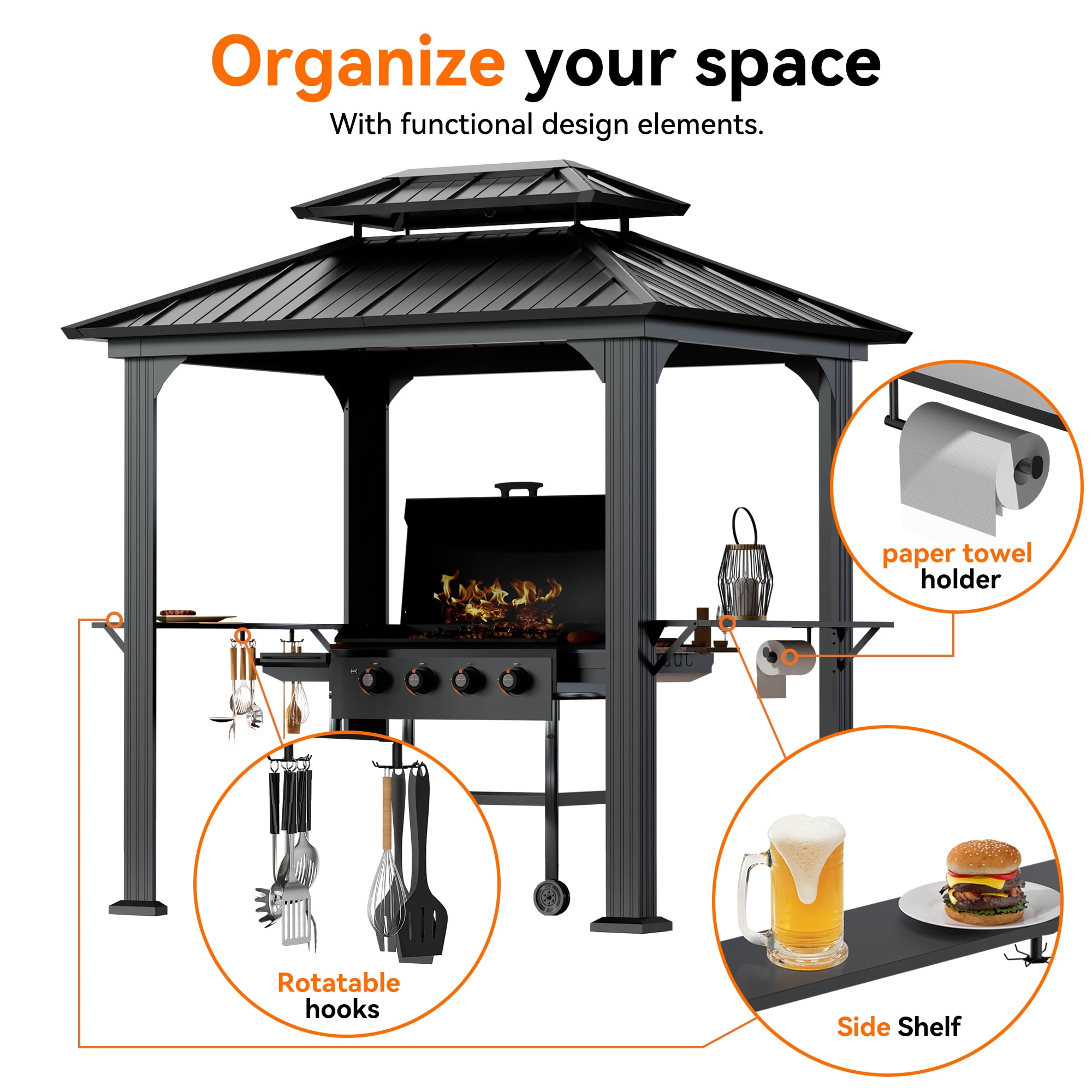 Modern Shade 6' x 8' Hard Top Aluminum Grill Gazebo with Shelves, Hooks, and Galvanized Steel Roof