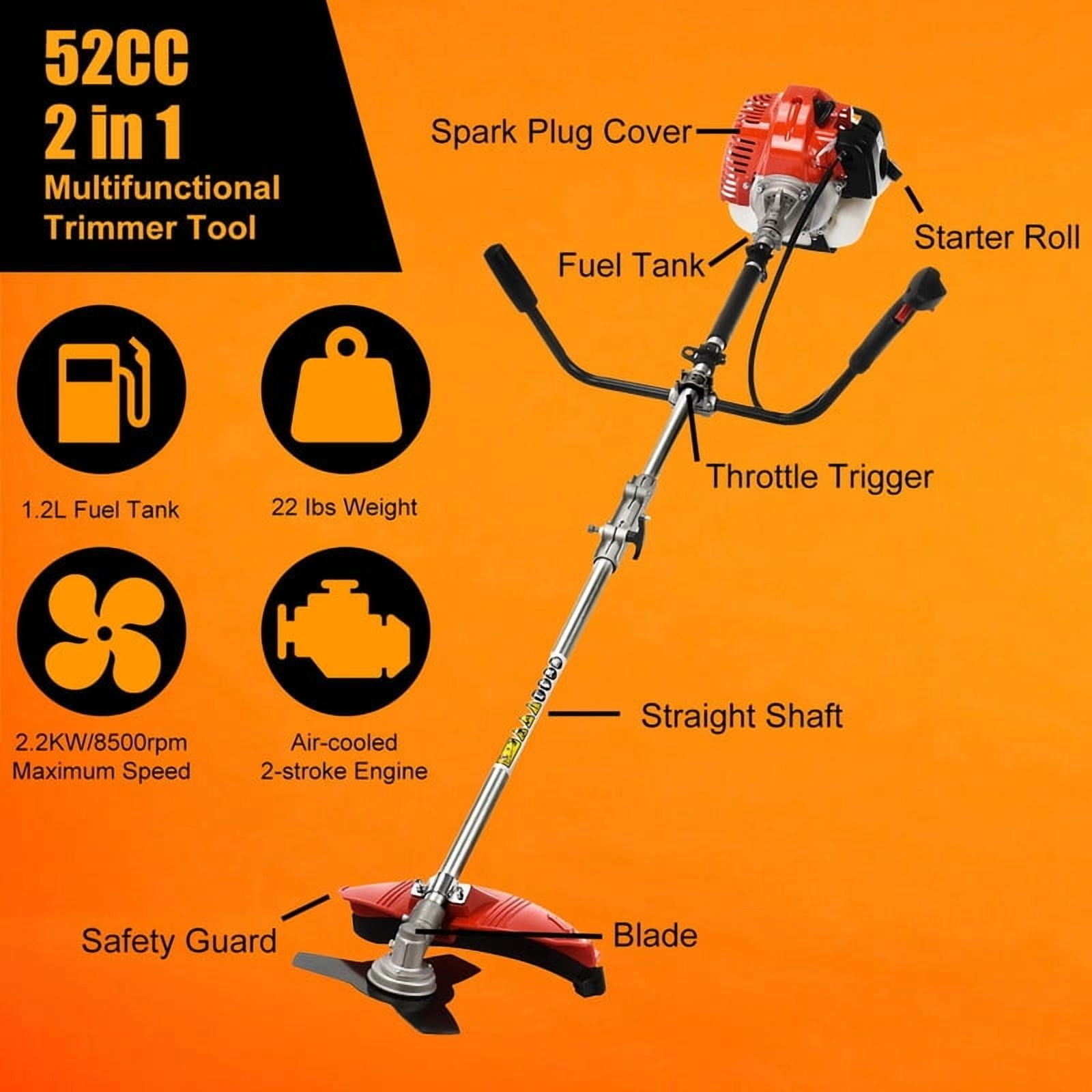 Seipouy 52CC Gas Power String Trimmer Cordless, 2 in 1 Multifunction Petrol Hedge Trimmer, Gas Lawn Mower Brush Cutter, 2-Stroke Weed Wacker, for Lawn, Garden, etc