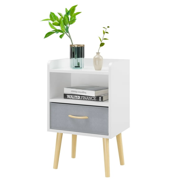 White Night Stand with Drawer, Mid Century Modern Bedside Table, Sturdy Wood Nightstand with Open Storage Shelf, Small Bedside Table for Bedroom, Kids Room & Small Spaces.
