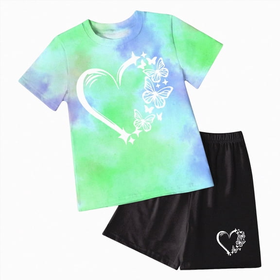 kaprioy Toddler Baby Girls Summer Outfits 2T 3T 4T 5T 6T 7T 8T 9T 10T 11T 12T Short Sleeve Tie Dye T Shirt Elastic Waist Shorts 2 Piece Clothing Sets