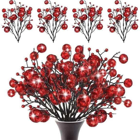12 Pack Artificial Glitter Berry Stems, NOGIS 11.4 inch Christmas Glitter Berries Spray Picks Holly Berry Branches for Christmas Tree Ornaments DIY Crafts Wreath Xmas Holiday Home Decor(Red)