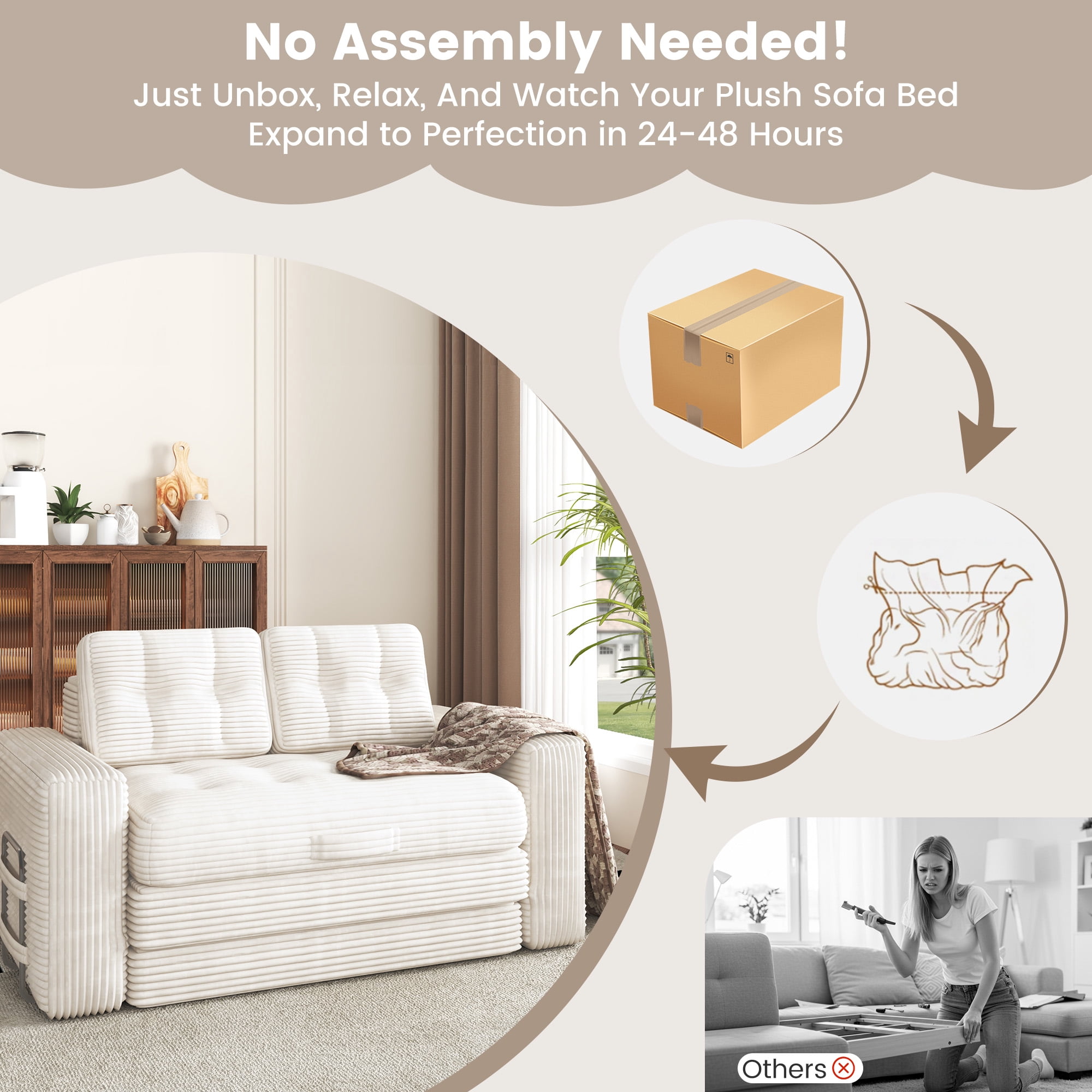Erinnyees 2-in-1 Sleeper Sofa, No Assembly Corduroy Loveseat, Converts to Bed with Deep Seat & 2 Included Pillows