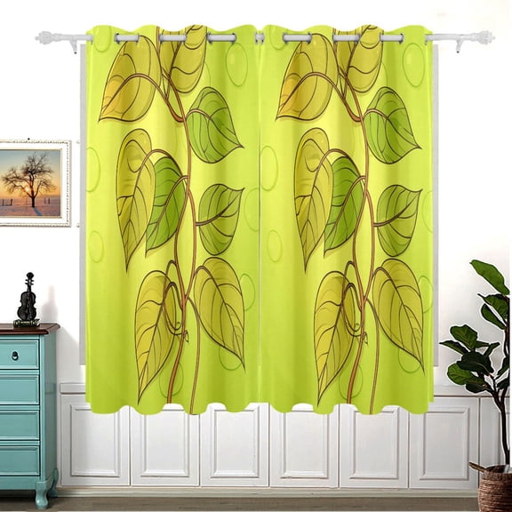 Yellow and Green Leaves Thermal Blackout Curtains 63x55 Inch 2 Panels Grommet Window Drapes for Bedroom Living Room