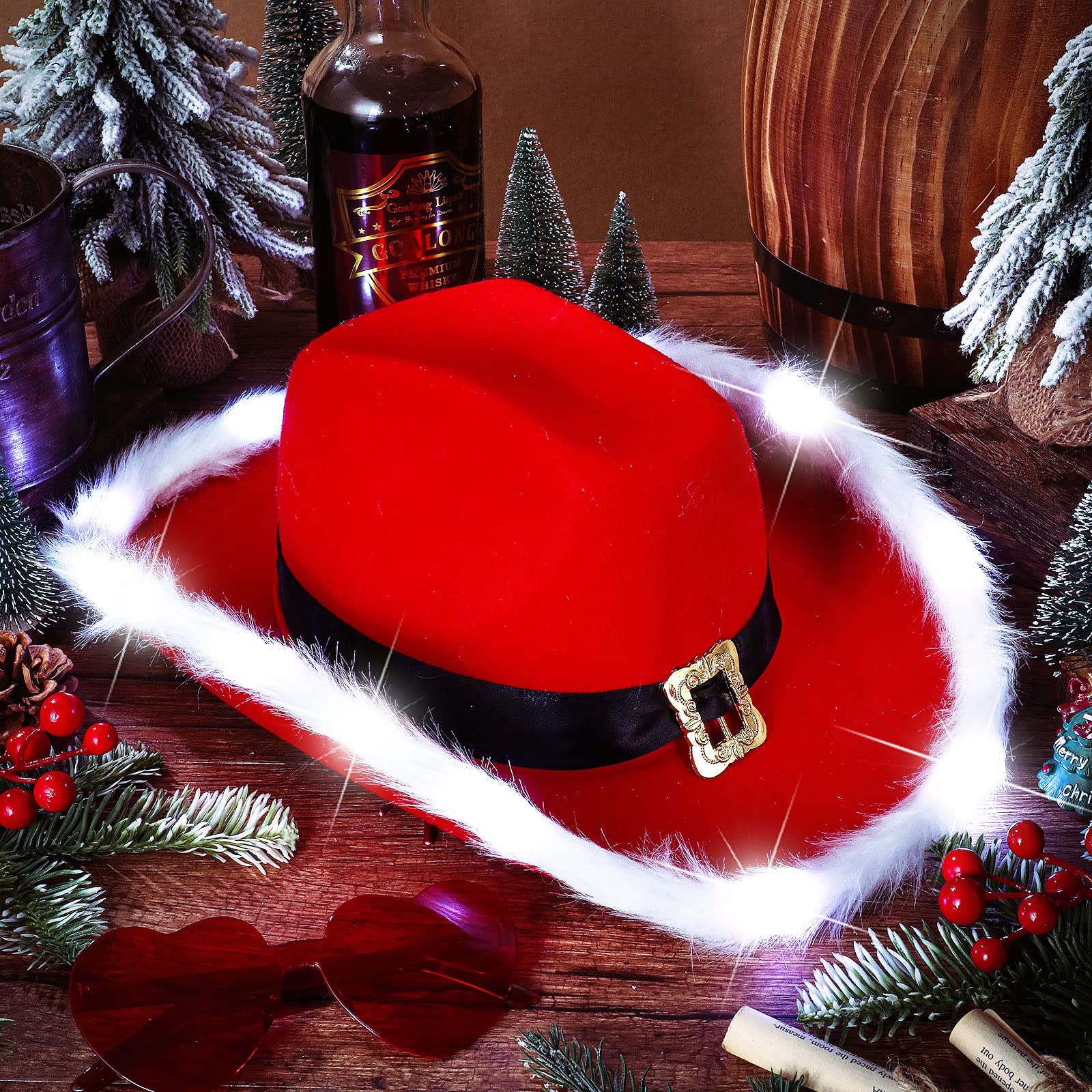 5894 6 Pieces Light Up Santa Claus Cowboy Hats Set, Christmas Cowgirl Hat Light up LED Christmas Cowboy Hat Santa Hat Pack of 06  main image 3
