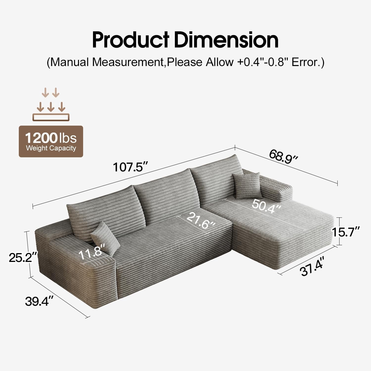 Sailvan 107" Cloud Sectional Couch, Cloudy Sofa with L-Shape Chaise, Upholstered Couches for Living Room & Bedroom, No Assembly Required, Plush Corduroy Fabric, Gray