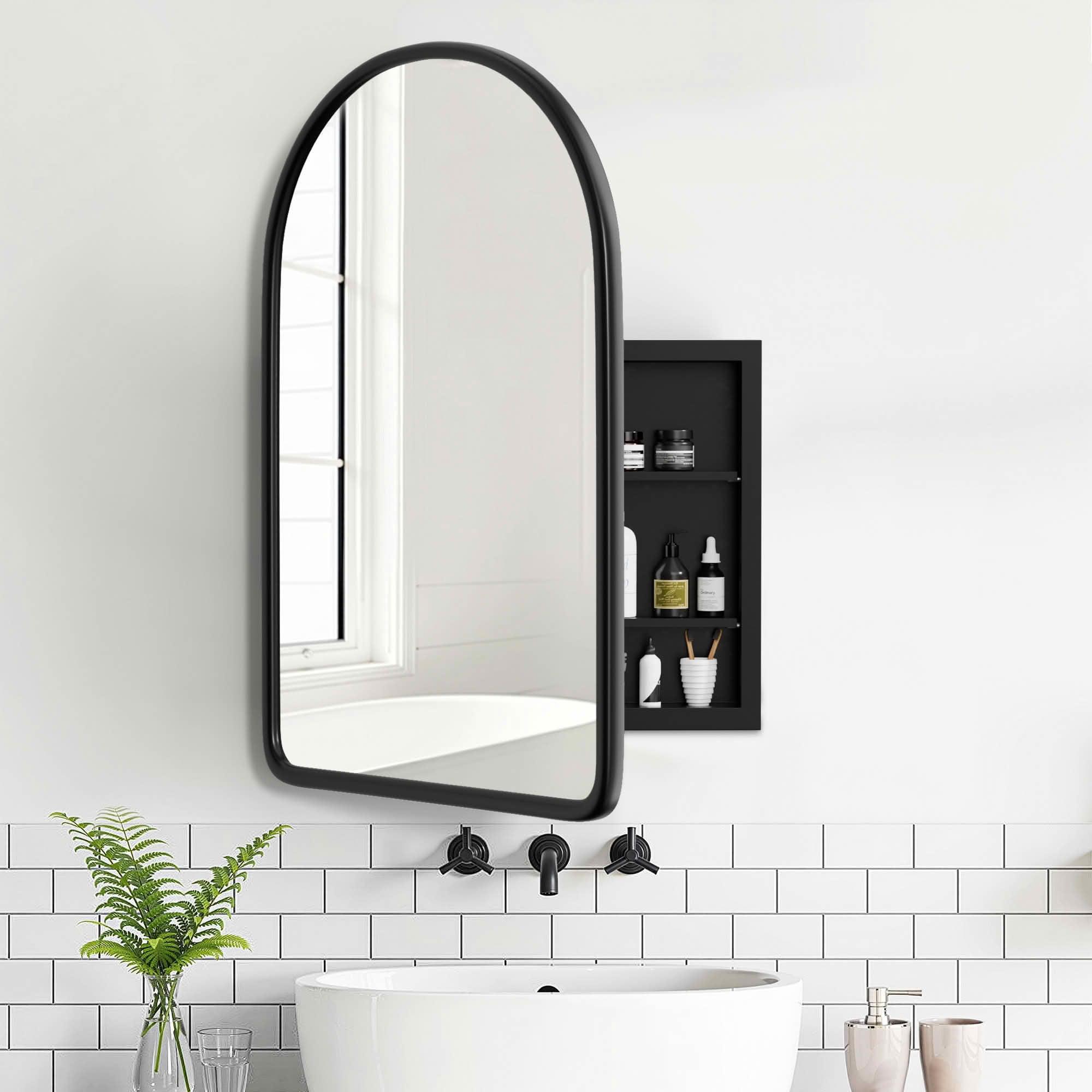 MAYEERTY 36x24x5 Inch Black Wood Round Corner Arched Medicine Cabinet for Bathroom