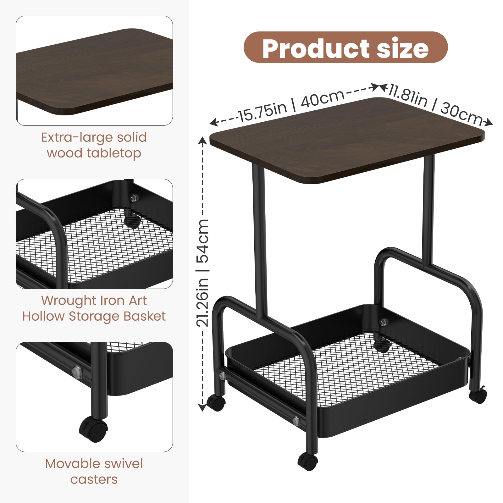 2-Tier/3-Tier Metal Rolling Utility Cart with Walnut Table Top, Lockable Wheels, Mobile Storage Organizer for Kitchen, Coffee Bar, Bathroom & Craft Room