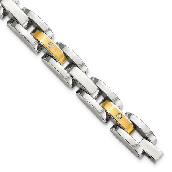 Stainless Steel Bracelet Men's Link, Other Diamond 12 mm 8.5 in Chisel with 14k Gold Accent 1/10 carat Brushed and Polished 8.25