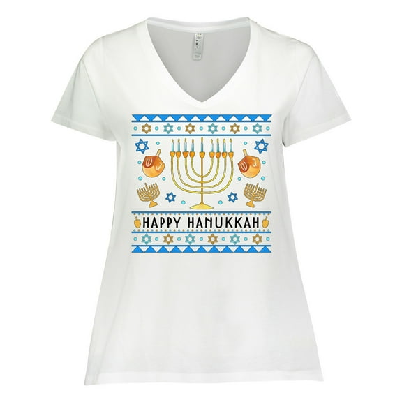 Inktastic Happy Hanukkah Sweater Style Design with Menorah and Dreidel Women's Plus Size V-Neck T-Shirt