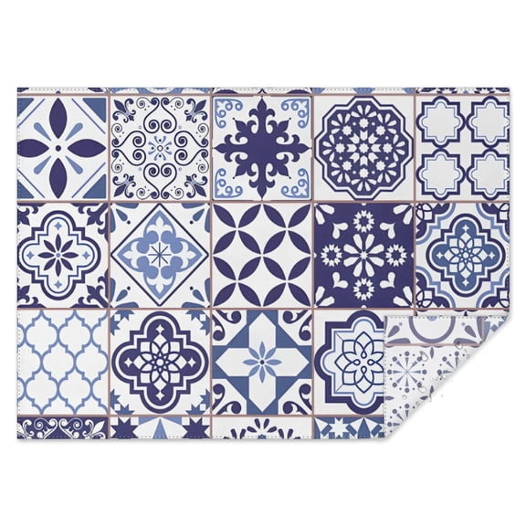 Blue Ethnic Geometric Patchwork Pattern Rectangle Tablecloth 60"x84",Waterproof Polyester Rectangle Table Cloth, Wipeable Spillproof Polyester Tablecloth for Dining, Camping, Indoor and Outdoor