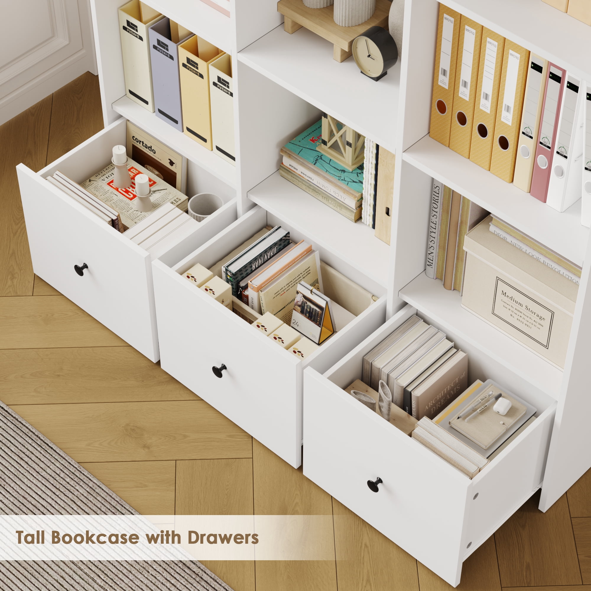 Hiphuta Triple Row 4-Tier Bookcase with 12 Cubes, 69" Tall Large Bookcase with 3 Drawers, for Office Living Room, White