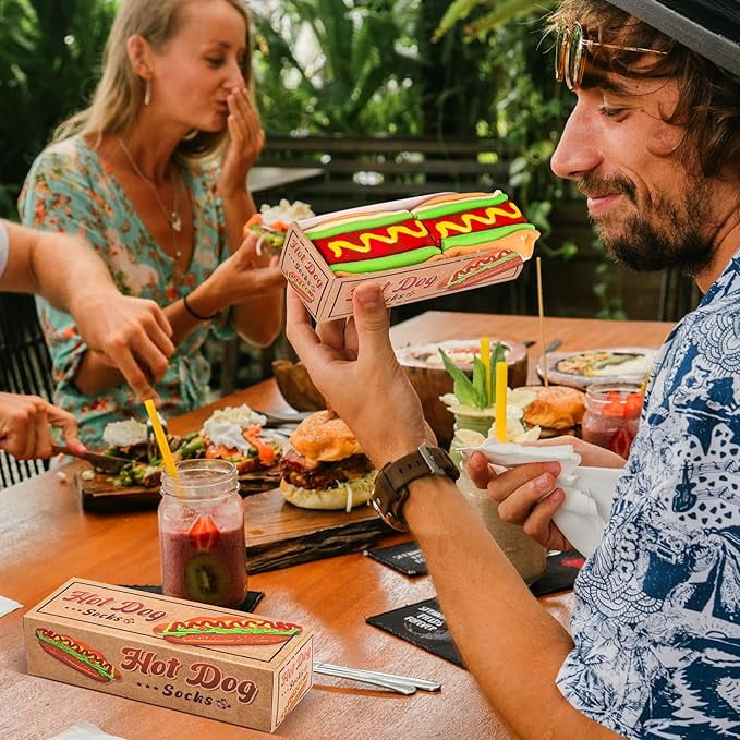 Funny Hot Dog Socks Box for Men Dad Women Teen Boys - Fun Novelty Funky Crazy Silly Cool Cute Food Socks-Easter Fathers Valentines Christmas Birthday Taco Gift Stocking Stuffers