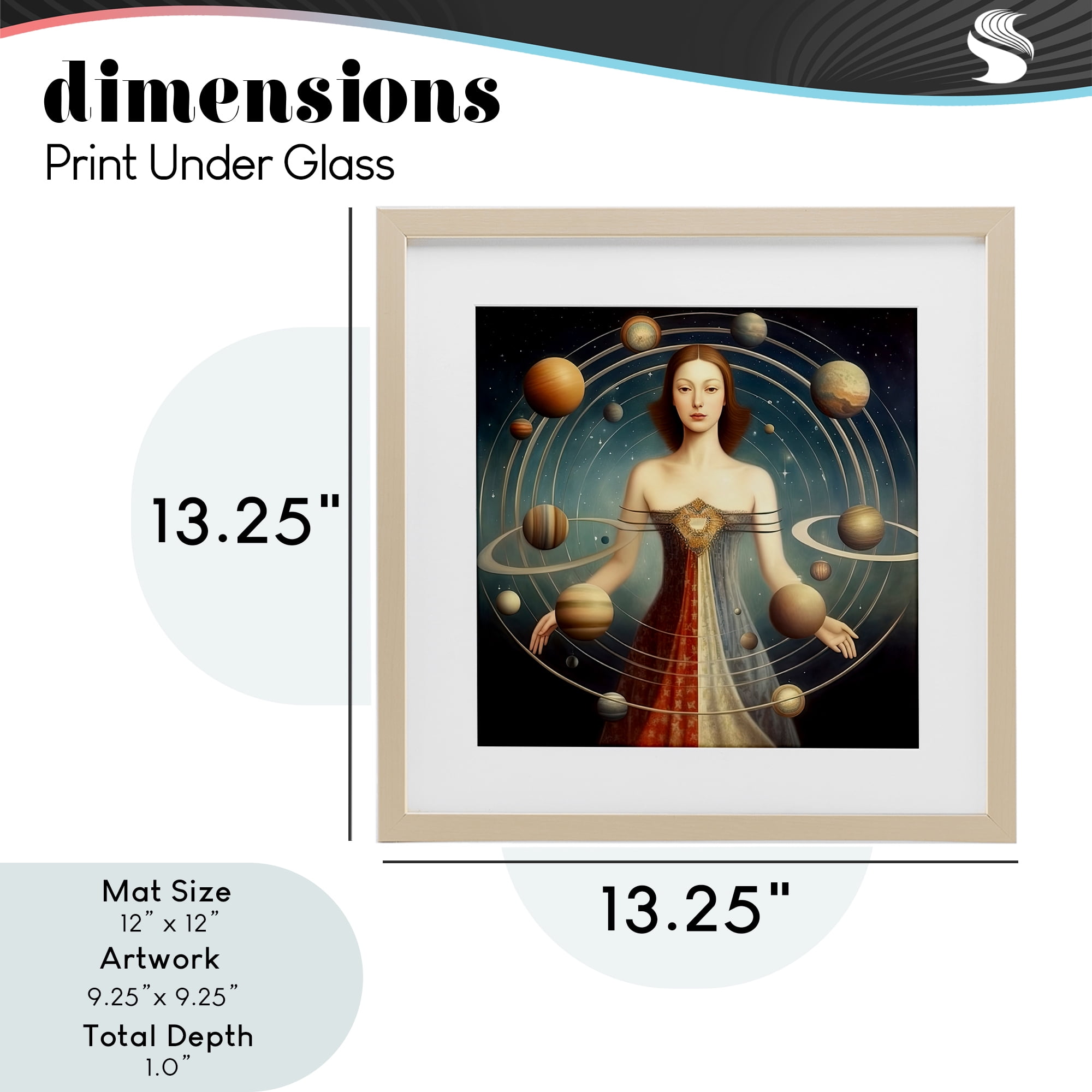 Galactic Orbits Woman Birch Framed Print Under Glass, design by Sasha
