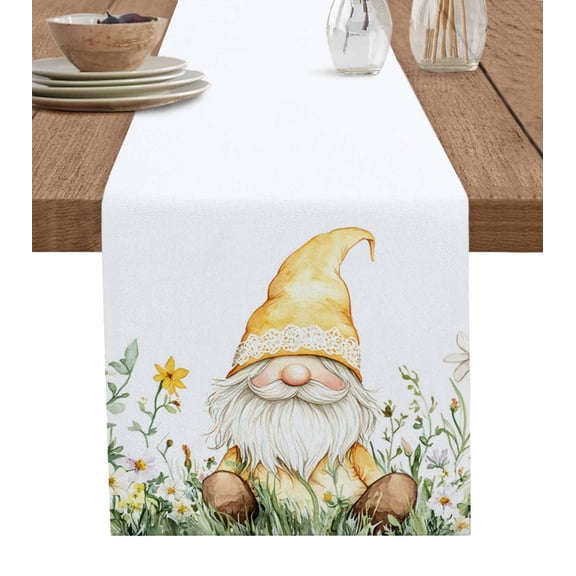 Yellow Gnomes Table Runner 70 Inches, Farmhouse Spring Floral Watercolor Bed Runner Dresser Scarves Tabletop for Indoor Outdoor Parties/Ceremony/Banquet, 13" x 70"