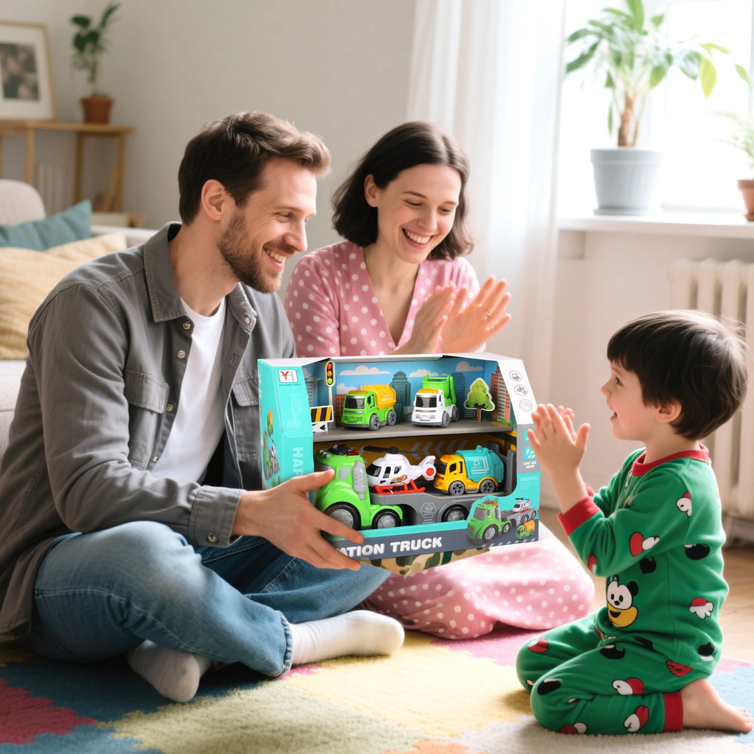 Hot Bee Garbage Recycling Carrier Truck Toy with Lights & Sounds, Sanitation Vehicle Toy for Boys Age 3+, Transport Trash Playset w/ Mini Cars Gift for Boys 3-5