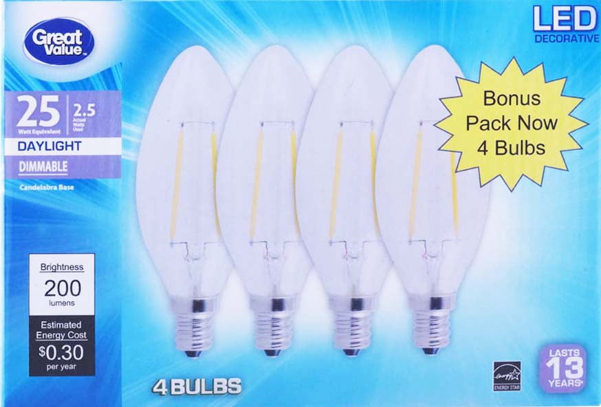 Great Value Decorative LED Light Bulb, Daylight, Dimmable, 2.5W (25W Equivalent), 4 Count