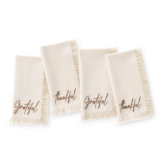 Elrene Home Fashions Fringed Harvest Sentiment Napkins, Set of 4, Natural, 17" x 17"