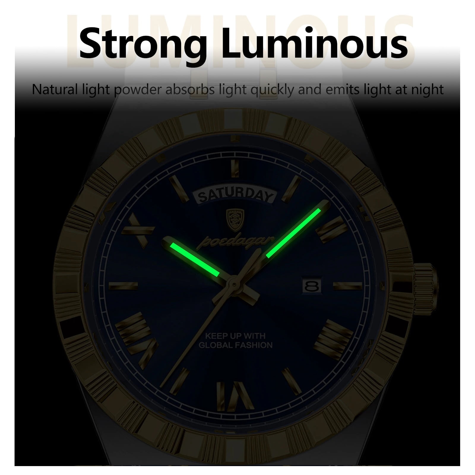 POEDAGAR Luxury Men's Waterproof Luminous Wrist Watch with Date Week Display Stainless Steel Strap