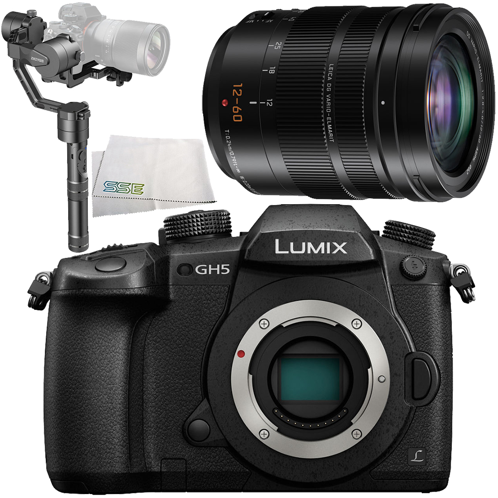 Panasonic Lumix DC-GH5 Mirrorless Micro Four Thirds Digital Camera with Vario-Elmarit 12-60mm f/2.8-4 ASPH. POWER O.I.S. Lens + Zhiyun-Tech Crane v2 3-Axis Handheld Gimbal Stabilizer + Microfiber Cleaning Cloth